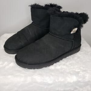 UGG Mini Bailey Button Bling Boots Black Suede Swarovski Womens Size 9